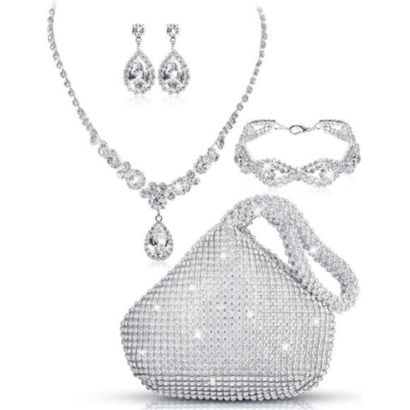 4 Pcs Silver Clutch Purse Jewelry Set Modern Style